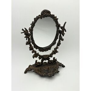 Vtg Victorian Cast Iron Vanity Tabletop Oval Mirror Ornate Swivel Trinket Dish V